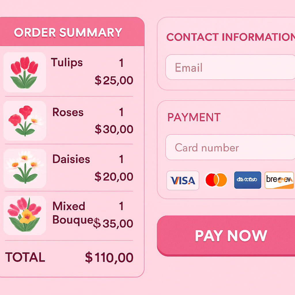 Checkout page with flowers and payment options