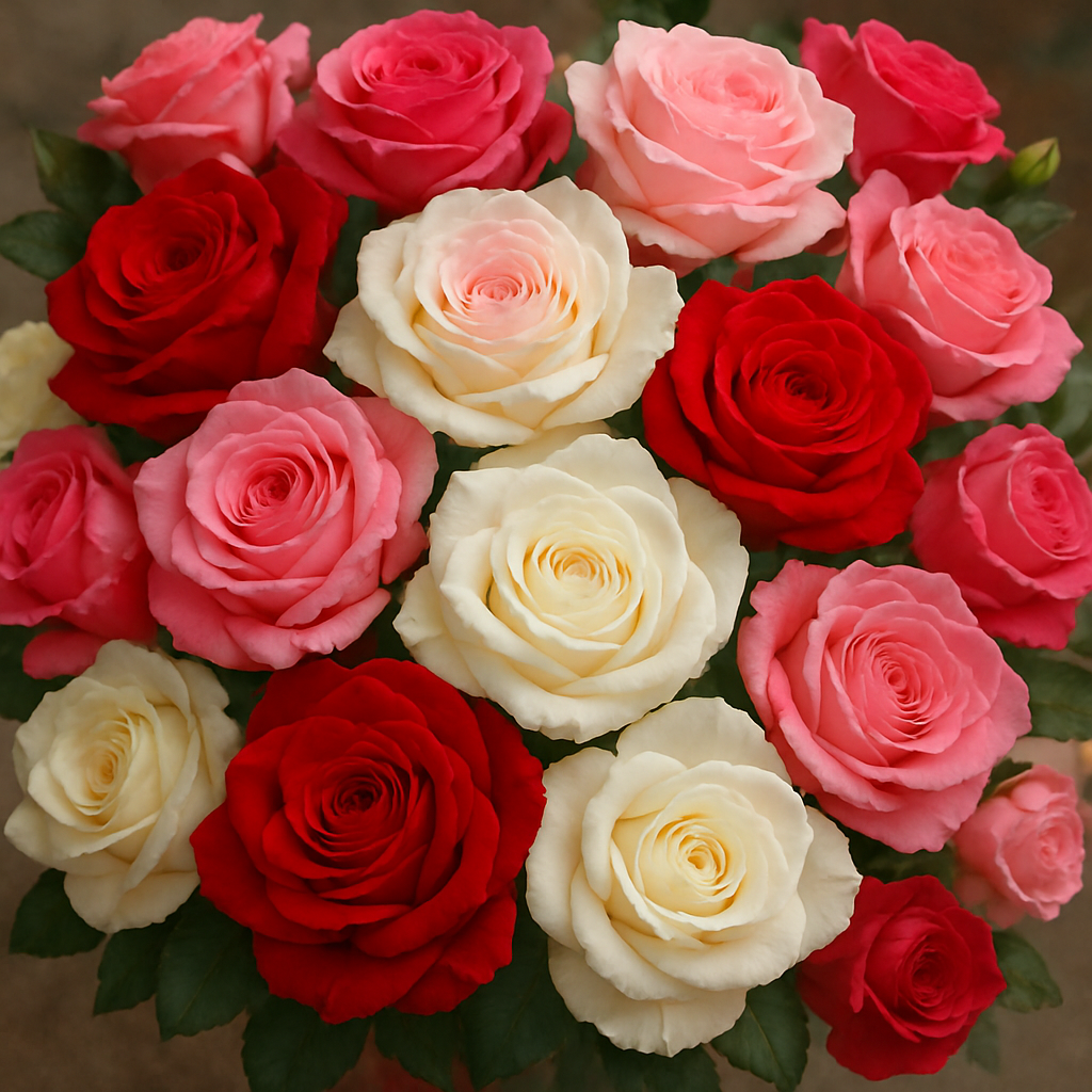 A vibrant bouquet of roses in various colors