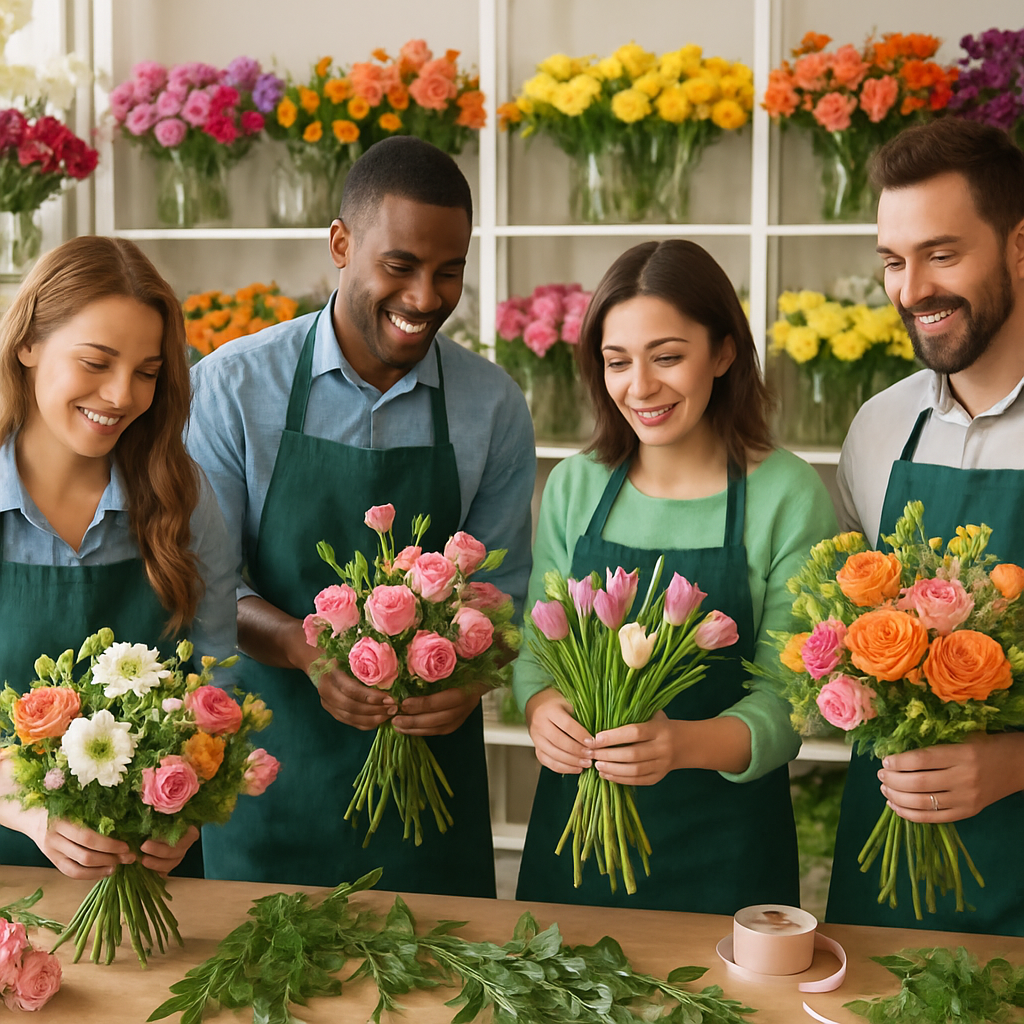 Team members arranging flowers